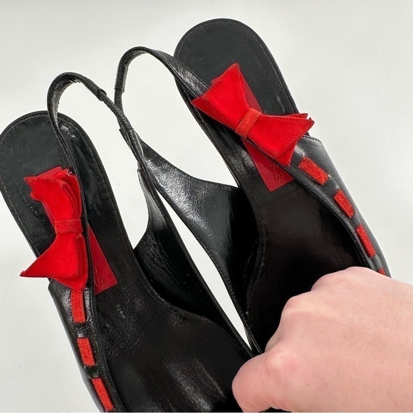 Marc Jacobs kitten heels size 7.5 black Italian leather red suede bow Y2k - Picture 9 of 13